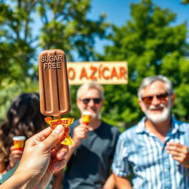 A vibrant scene showcasing a group of adults enjoying chocolate ice cream popsicles in a sunny park