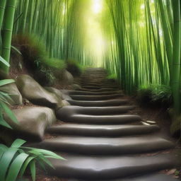 An exceptionally realistic, high-quality photograph focused on a series of separate white stone tile steps, descending down a mountain trail surrounded by a dense, green bamboo forest