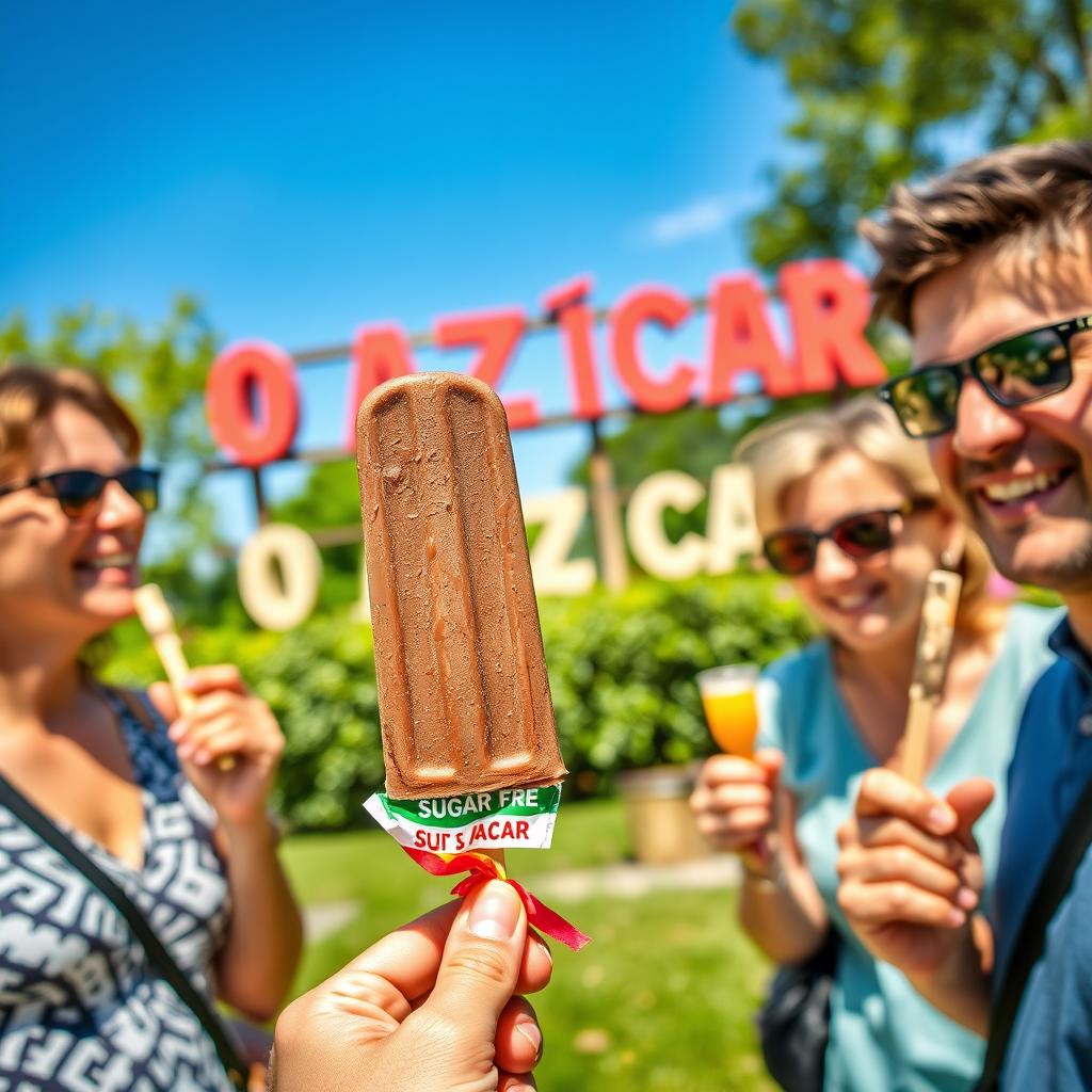 A vibrant scene showcasing a group of adults enjoying chocolate ice cream popsicles in a sunny park