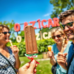 A vibrant scene showcasing a group of adults enjoying chocolate ice cream popsicles in a sunny park