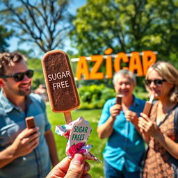 A vibrant scene showcasing a group of adults enjoying chocolate ice cream popsicles in a sunny park