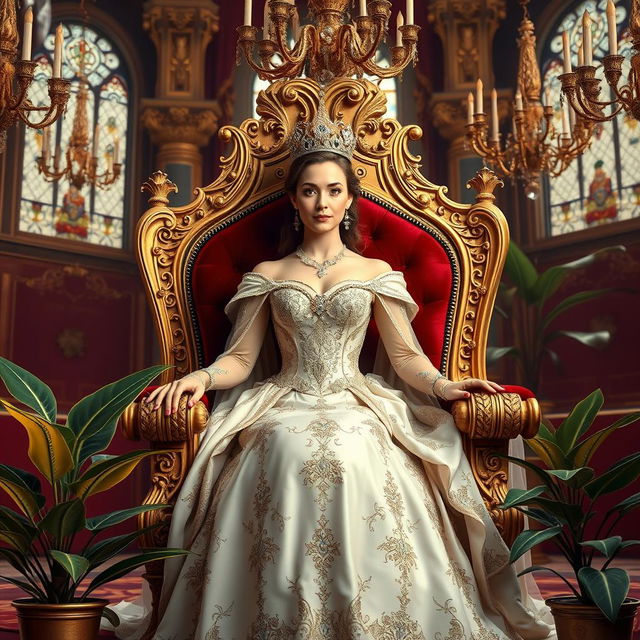 A majestic 26-year-old queen with elegant features and a confident expression, seated gracefully on an ornate gold and velvet throne