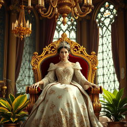 A majestic 26-year-old queen with elegant features and a confident expression, seated gracefully on an ornate gold and velvet throne