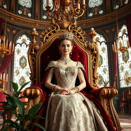 A majestic 26-year-old queen with elegant features and a confident expression, seated gracefully on an ornate gold and velvet throne