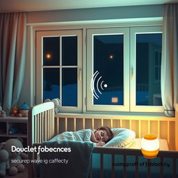 A softly lit nursery featuring a child peacefully asleep in a crib, bathed in warm, soft light
