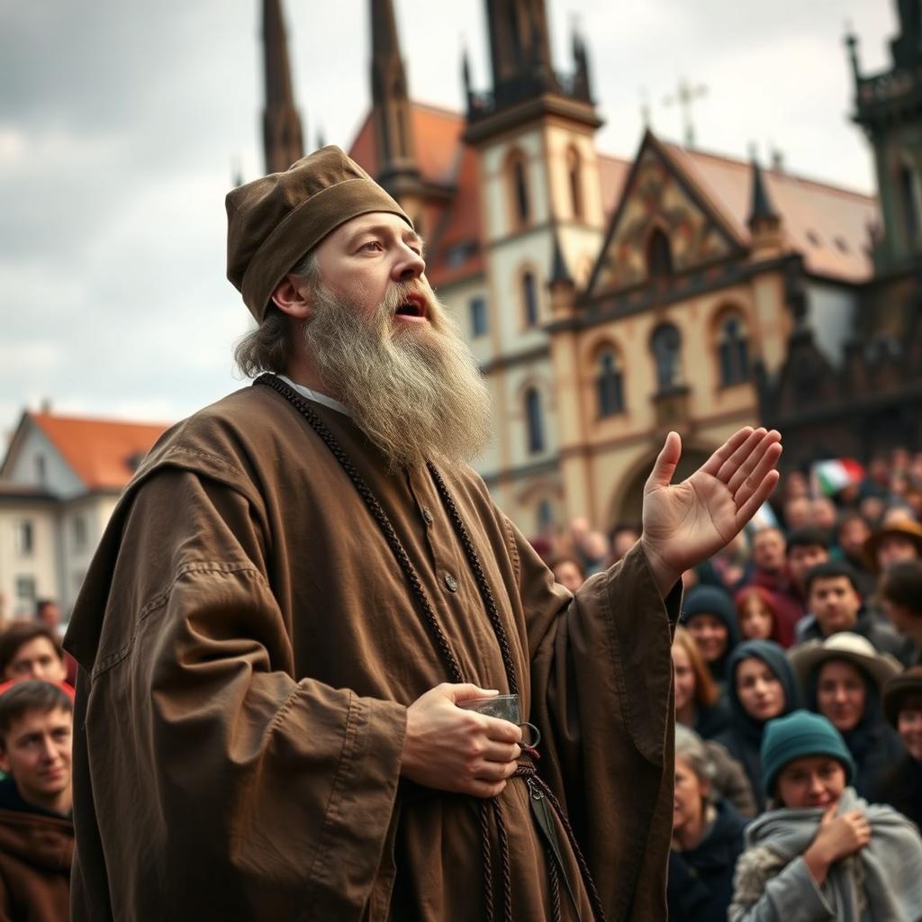 Jan Hus, a reformist religious figure and professor from the 15th century, wearing a simple scholar's robe, passionately addressing a gathered crowd in the city of Prague
