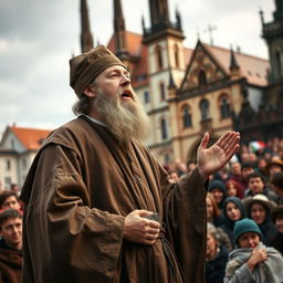 Jan Hus, a reformist religious figure and professor from the 15th century, wearing a simple scholar's robe, passionately addressing a gathered crowd in the city of Prague