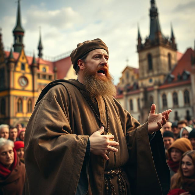 Jan Hus, a reformist religious figure and professor from the 15th century, wearing a simple scholar's robe, passionately addressing a gathered crowd in the city of Prague
