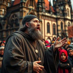 Jan Hus, a reformist religious figure and professor from the 15th century, wearing a simple scholar's robe, passionately addressing a gathered crowd in the city of Prague