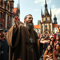 Jan Hus, a reformist religious figure and professor from the 15th century, wearing a simple scholar's robe, passionately addressing a gathered crowd in the city of Prague