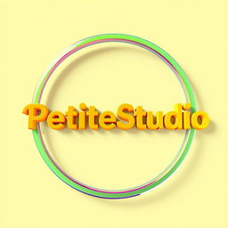 A vibrant and attention-grabbing graphic featuring the text 'PetiteStudio' enclosed within a round frame