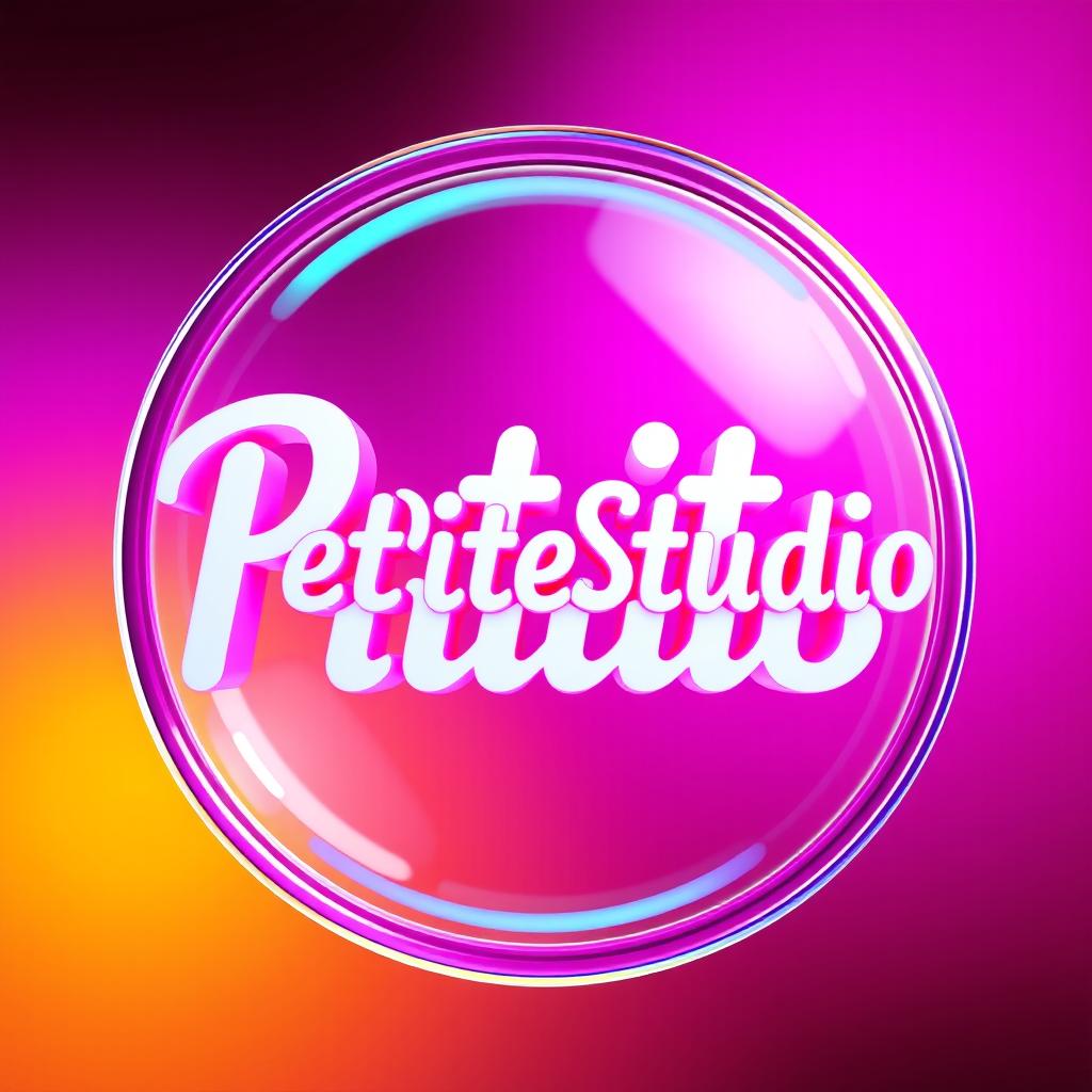 A vibrant and attention-grabbing graphic featuring the text 'PetiteStudio' enclosed within a round frame