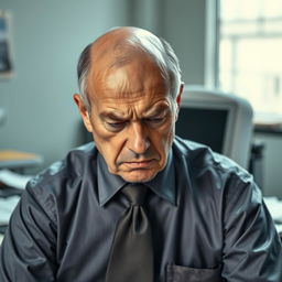 An older man, bald, with a serious expression reflecting his upset mood