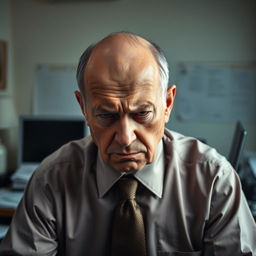 An older man, bald, with a serious expression reflecting his upset mood