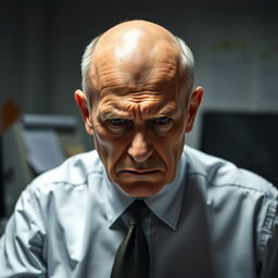 An older man, bald, with a serious expression reflecting his upset mood