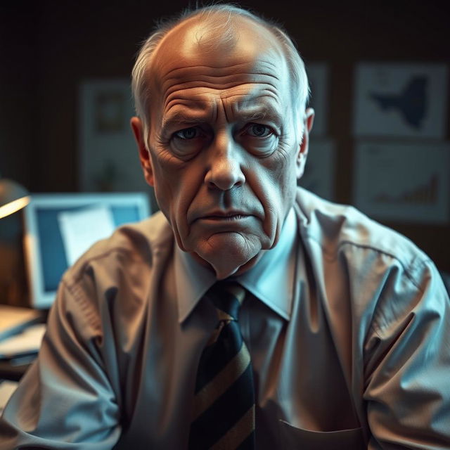 An older man, bald, with a serious expression reflecting his upset mood