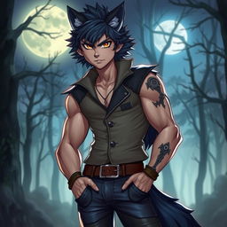 A strikingly attractive wolf boy character with captivating features, blending human and wolf traits