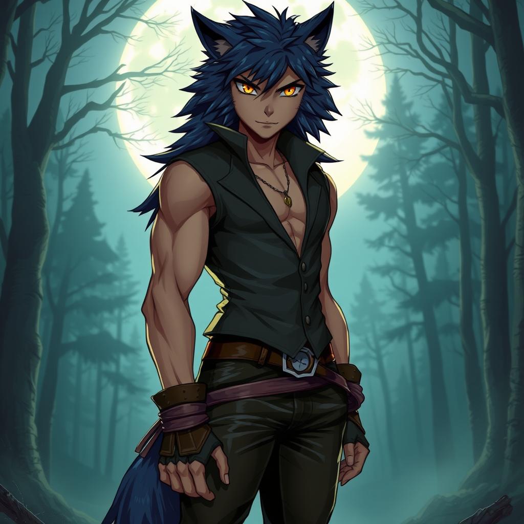 A strikingly attractive wolf boy character with captivating features, blending human and wolf traits