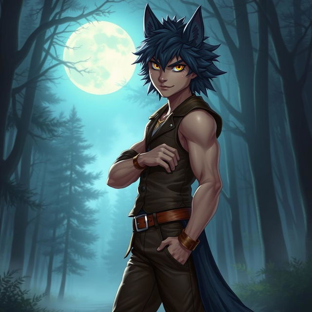 A strikingly attractive wolf boy character with captivating features, blending human and wolf traits