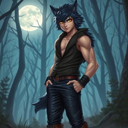 A strikingly attractive wolf boy character with captivating features, blending human and wolf traits