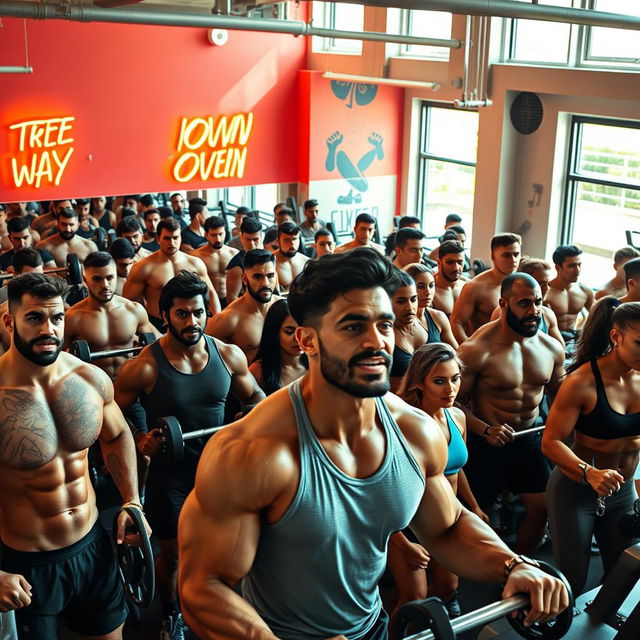 A vibrant gym scene filled with a diverse group of muscular young men and women of various body types, including some who are leaner