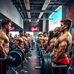 A vibrant gym scene filled with a diverse group of muscular young men and women of various body types, including some who are leaner