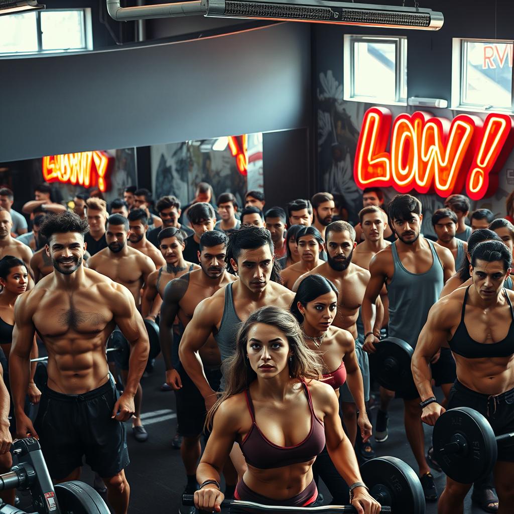 A vibrant gym scene filled with a diverse group of muscular young men and women of various body types, including some who are leaner