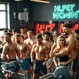 A vibrant gym scene filled with a diverse group of muscular young men and women of various body types, including some who are leaner