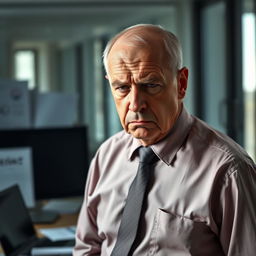 An older man, bald, with a furrowed brow and an upset expression on his face, dressed in a crisp, nice shirt and a formal tie