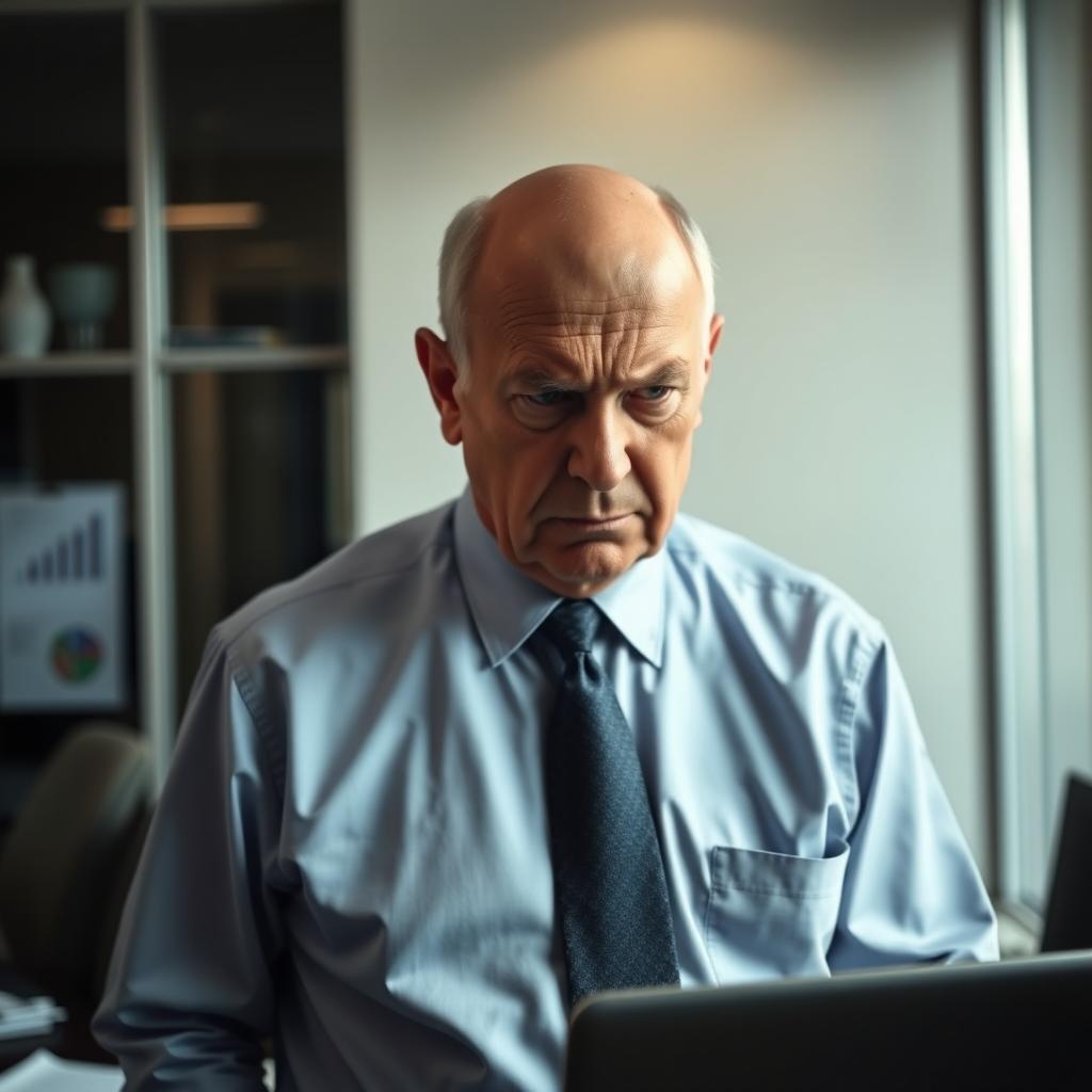 An older man, bald, with a furrowed brow and an upset expression on his face, dressed in a crisp, nice shirt and a formal tie