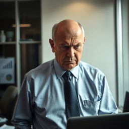 An older man, bald, with a furrowed brow and an upset expression on his face, dressed in a crisp, nice shirt and a formal tie