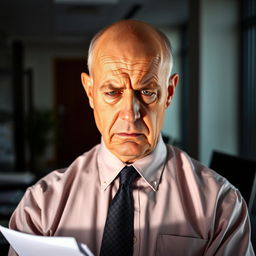 An older man, bald, with a furrowed brow and an upset expression on his face, dressed in a crisp, nice shirt and a formal tie