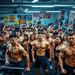 A vibrant gym scene bustling with energy, featuring numerous muscular young men and women showcasing their impressive physiques