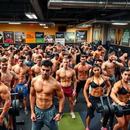 A vibrant gym scene bustling with energy, featuring numerous muscular young men and women showcasing their impressive physiques