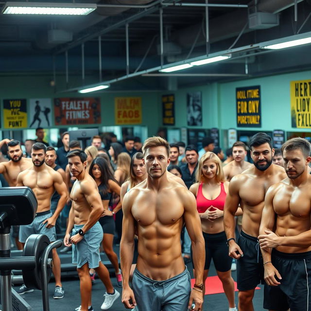 A vibrant gym scene bustling with energy, featuring numerous muscular young men and women showcasing their impressive physiques