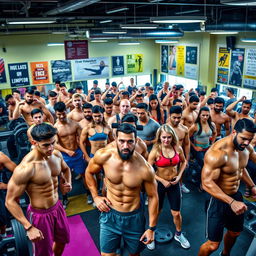 A vibrant gym scene bustling with energy, featuring numerous muscular young men and women showcasing their impressive physiques