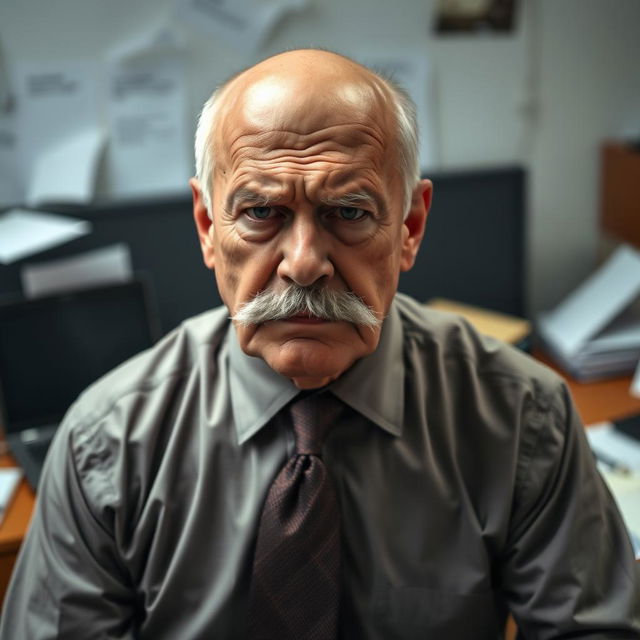 An older bald man with a prominent mustache, visibly upset