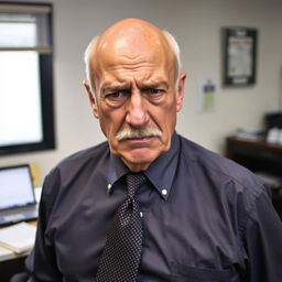 An older bald man with a prominent mustache, visibly upset