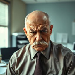 An older bald man with a prominent mustache, visibly upset