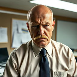 An older bald man with a prominent mustache, visibly upset