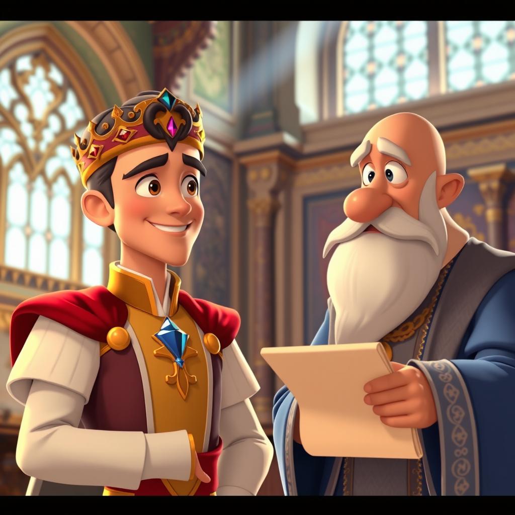An animated cinematic scene featuring a handsome prince with regal attire, complete with a jeweled crown, standing next to a wise-looking minister dressed in elegant robes