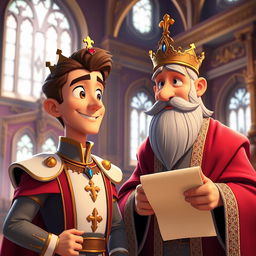 An animated cinematic scene featuring a handsome prince with regal attire, complete with a jeweled crown, standing next to a wise-looking minister dressed in elegant robes
