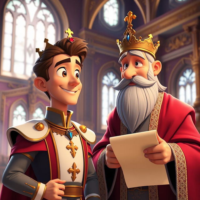 An animated cinematic scene featuring a handsome prince with regal attire, complete with a jeweled crown, standing next to a wise-looking minister dressed in elegant robes