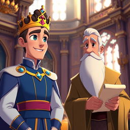An animated cinematic scene featuring a handsome prince with regal attire, complete with a jeweled crown, standing next to a wise-looking minister dressed in elegant robes