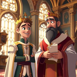 An animated cinematic scene featuring a handsome prince with regal attire, complete with a jeweled crown, standing next to a wise-looking minister dressed in elegant robes