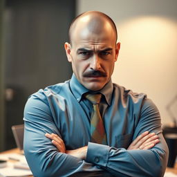 A man in his 30s, bald, with a well-groomed mustache, displaying an upset expression
