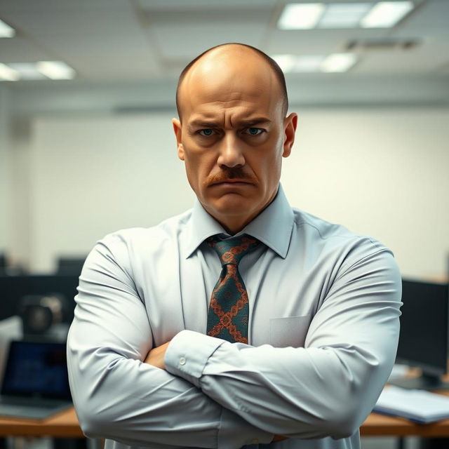 A man in his 30s, bald, with a well-groomed mustache, displaying an upset expression