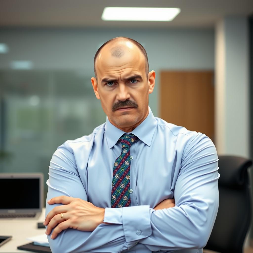 A man in his 30s, bald, with a well-groomed mustache, displaying an upset expression