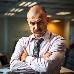 A man in his 30s, bald, with a well-groomed mustache, displaying an upset expression