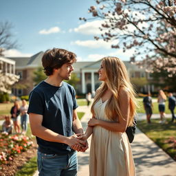 A nostalgic scene capturing the moment of a heartfelt reunion between two former high school lovers